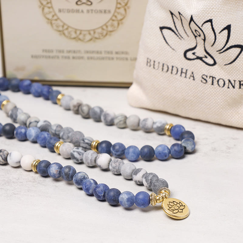 Pulsera con colgante de loto con cuentas de Mala de piedra azul y jaspe Picasso Natural 108 de Buddha Stones