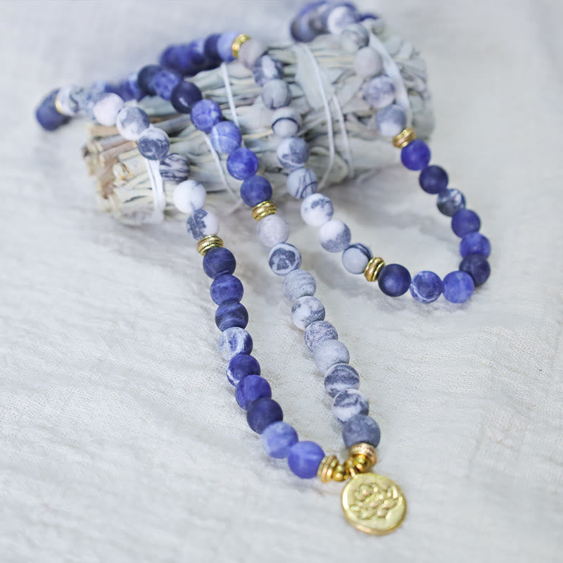 Pulsera con colgante de loto con cuentas de Mala de piedra azul y jaspe Picasso Natural 108 de Buddha Stones