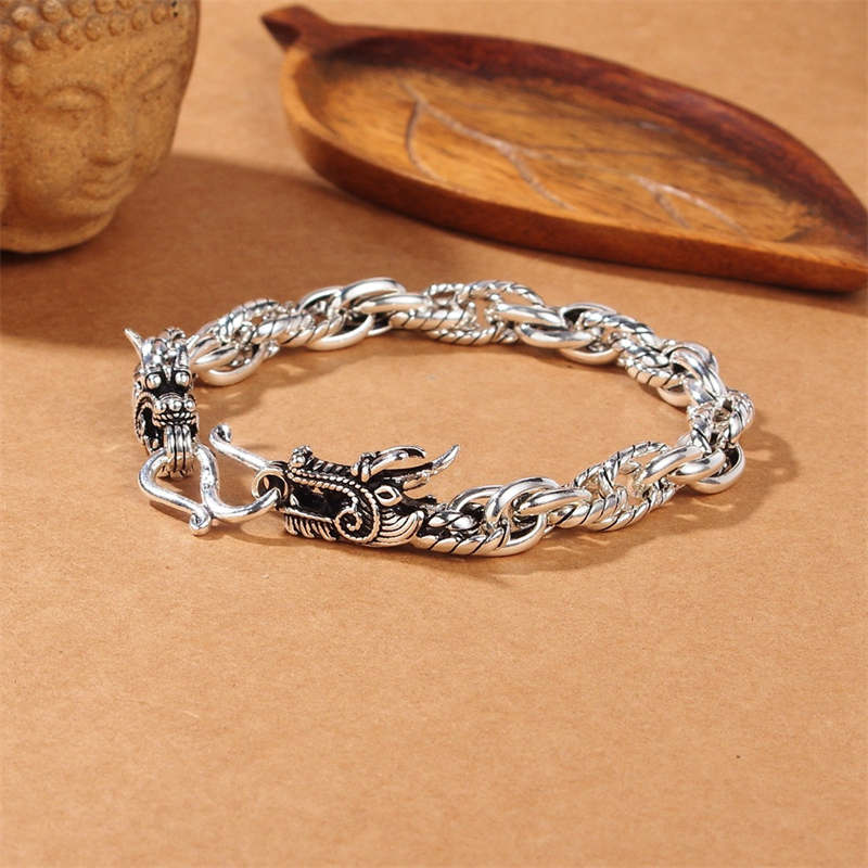 Pulsera de protección de la suerte del dragón de plata de ley 925 con Buddha Stones