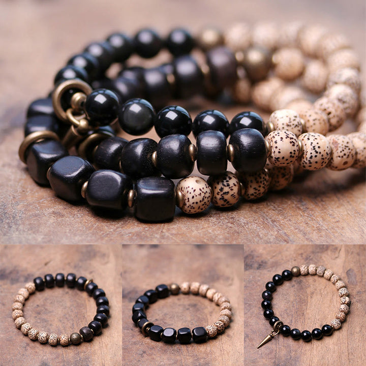 Pulsera de paz de cobre y madera de ébano, obsidiana negra, semilla de Bodhi tibetana, Buddha Stones