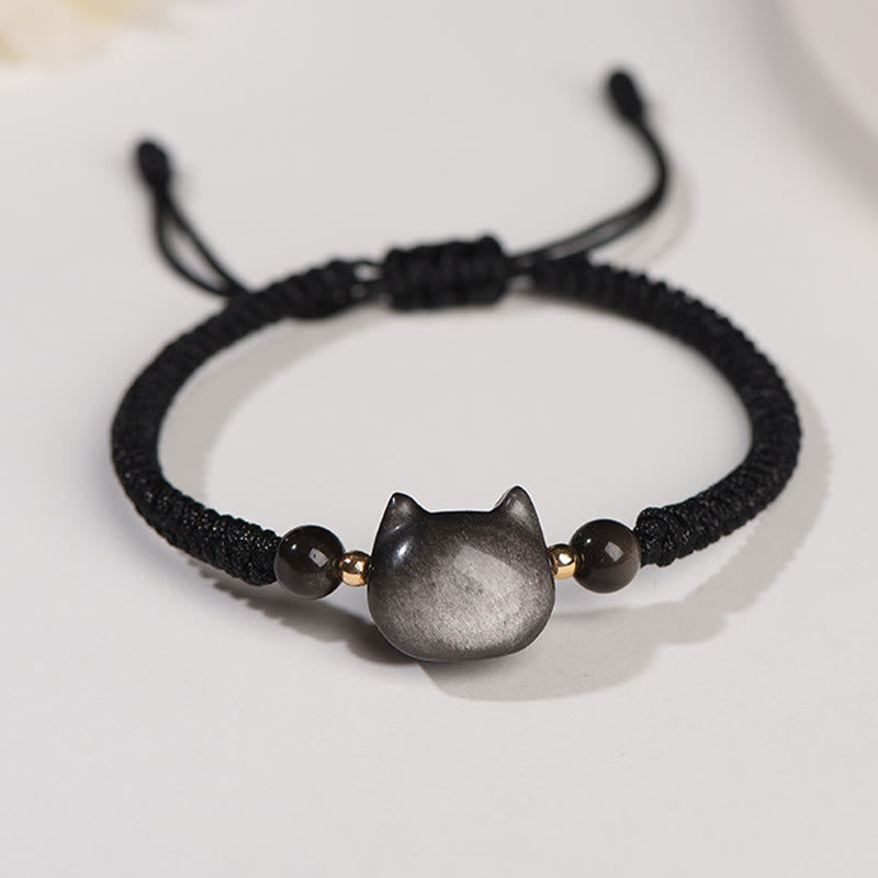Buddha Stones hechas a mano, plata Natural brillante, obsidiana, cuarzo fresa, pulsera trenzada de protección de gato lindo - Obsidiana con brillo plateado (Comunicación ♥Relajante) - Gato encantador - image 6