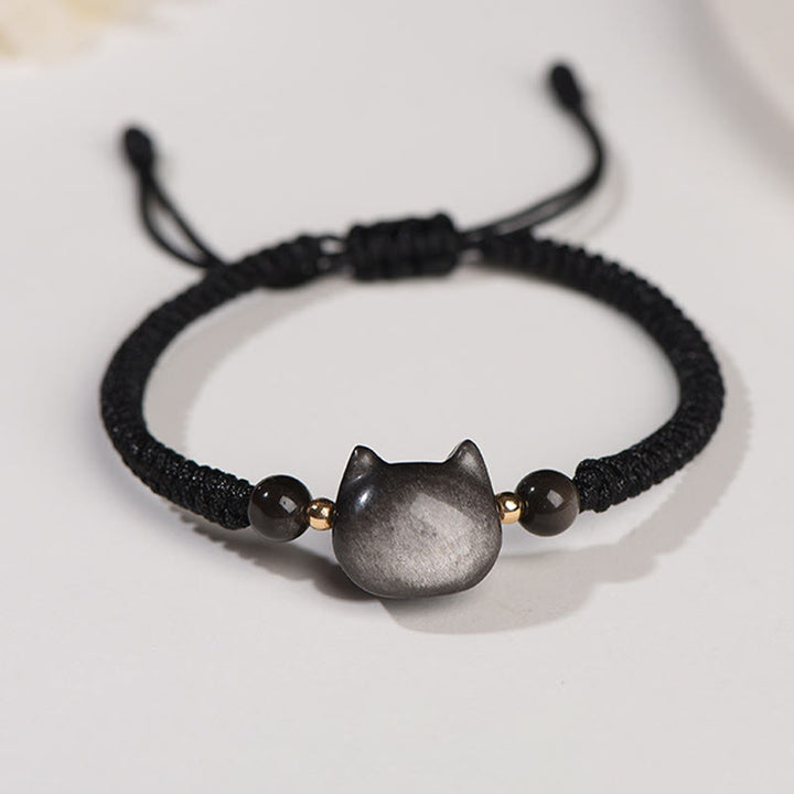 Buddha Stones hechas a mano, plata Natural brillante, obsidiana, cuarzo fresa, pulsera trenzada de protección de gato lindo - Obsidiana con brillo plateado (Comunicación ♥Relajante) - Gato encantador - image 6