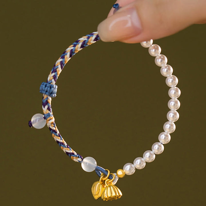 Pulsera de prosperidad de calcedonia de cuerda colorida con perlas de loto de plata de ley 925 con Buddha Stones