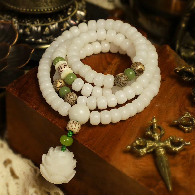 Buddha Stones Jade Blanco Bodhi Lotus Mala Armonía Collar Pulsera