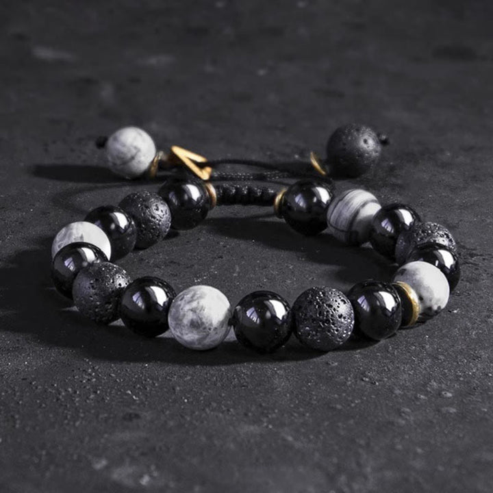 Pulsera de fuerza Yin Yang de piedra de roca de lava de obsidiana negra con Buddha Stones