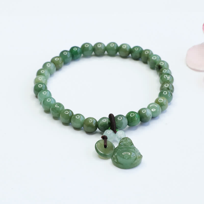 Pulsera curativa de jade cian de Buda sonriente con Buddha Stones de Buda