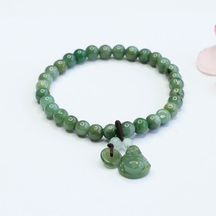 Pulsera curativa de jade cian de Buda sonriente con Buddha Stones de Buda