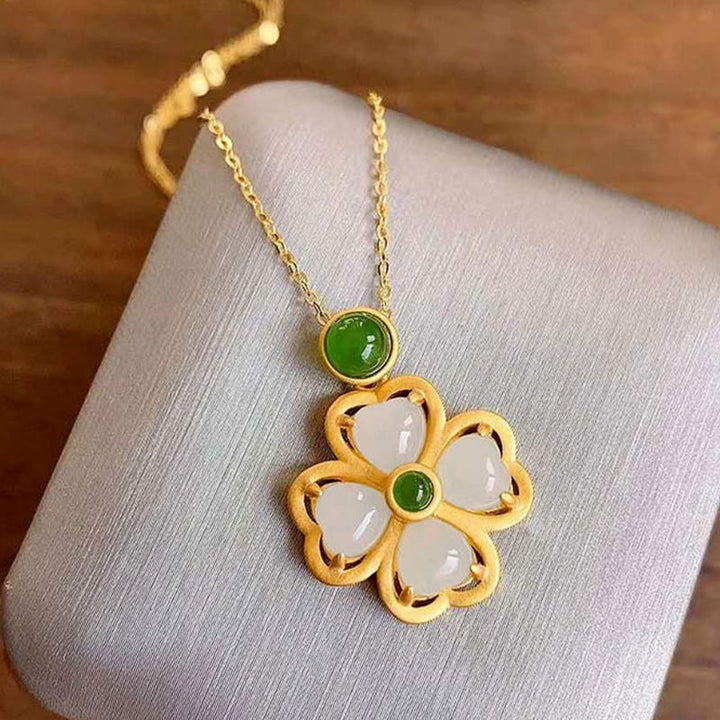 Buddha Stones de plata de ley 925, colgante de cadena con trébol de cuatro hojas de la suerte, Jade, prosperidad