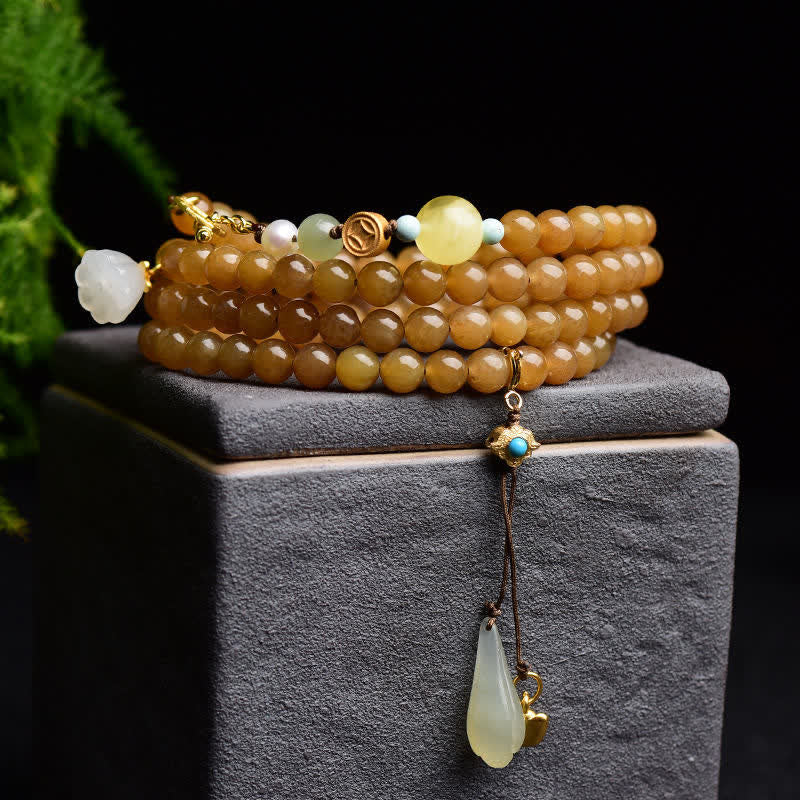 Pulsera de éxito de perlas de jade blanco de loto ámbar de topacio hetiano natural