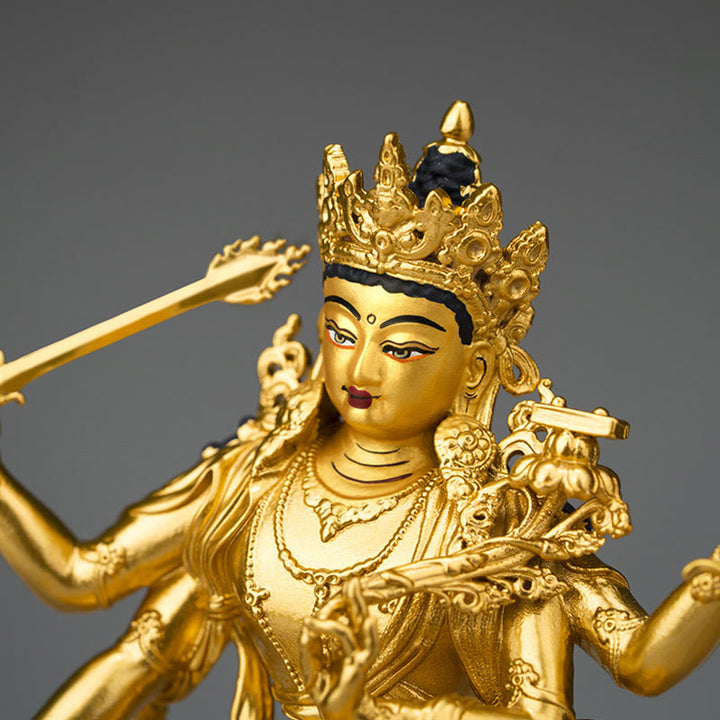Estatuilla de oro Manjusri Bodhisattva de cuatro brazos, estatua de cobre de serenidad y compasión, decoración del hogar
