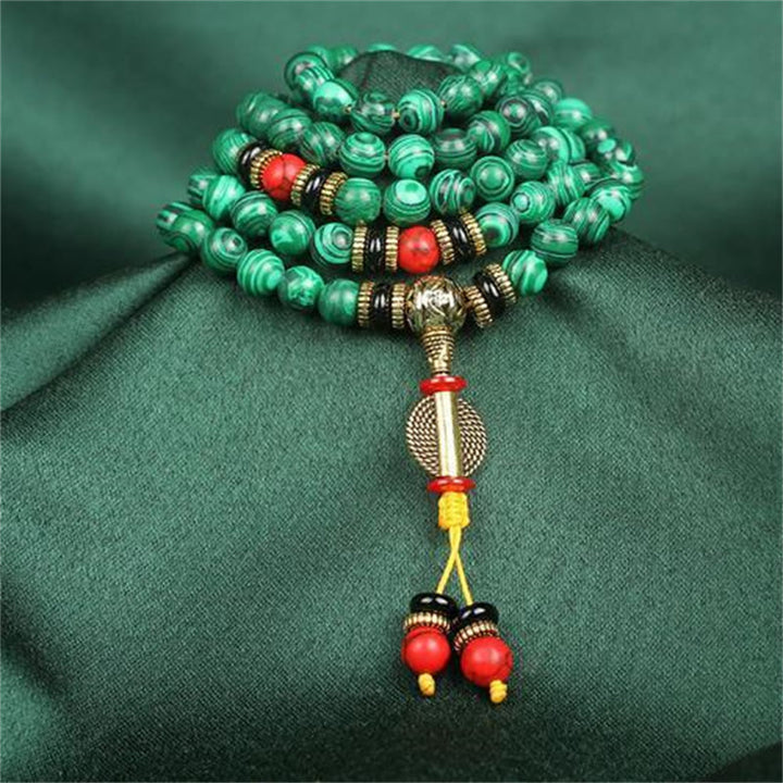 Collar de pulsera de cuentas de malaquita tibetana de Buddha Stones 108 Mala