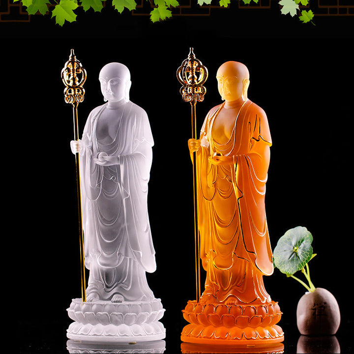 Buddha Stones hechas a mano, estatuilla de Bodhisattva Ksitigarbha, pieza de arte de cristal Liuli, estatua de serenidad, decoración del hogar