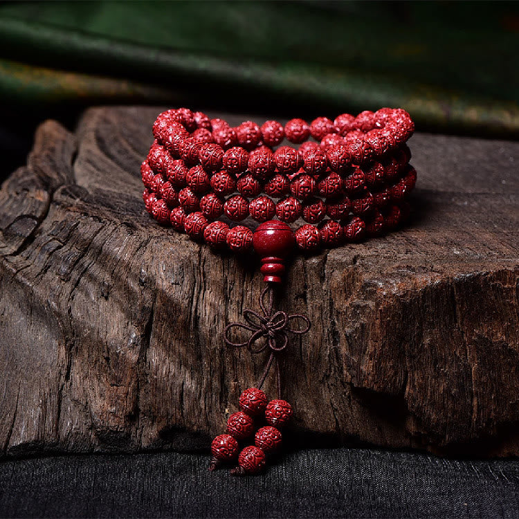 Buddha Stones 108 cuentas Mala cinabrio Om Mani Padme Hum patrón grabado pulsera de bendición