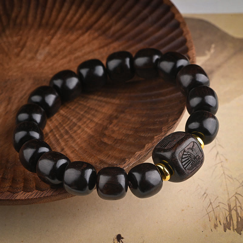 Pulsera de equilibrio de la suerte y el tesoro, cuentas de barril de madera de ébano tibetano, Buddha Stones