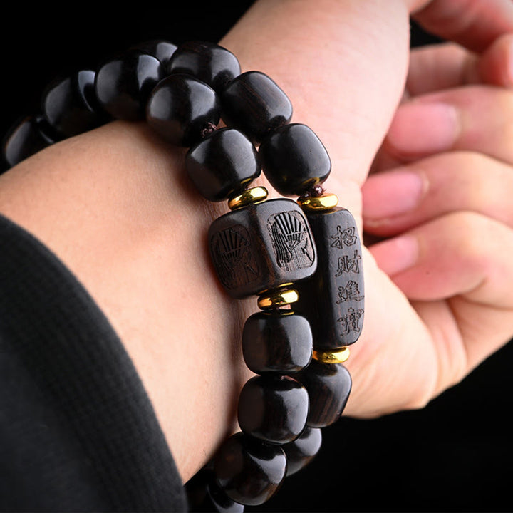 Pulsera de equilibrio de la suerte y el tesoro, cuentas de barril de madera de ébano tibetano, Buddha Stones