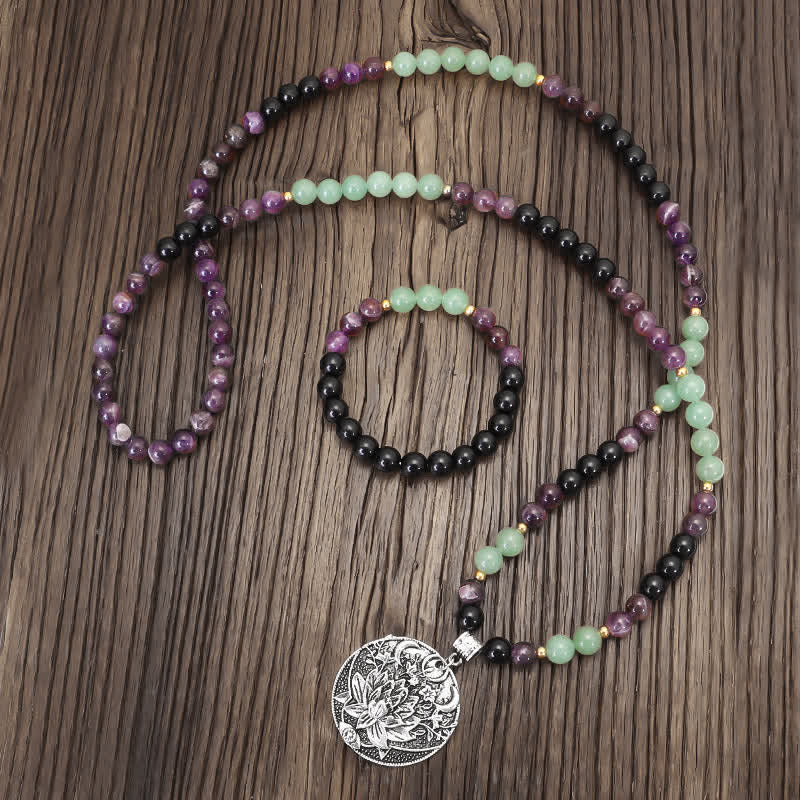 Pulsera de meditación con Buddha Stones , 108 cuentas Mala, amatista, aventurina verde, loto