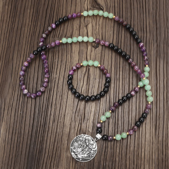 Pulsera de meditación con Buddha Stones , 108 cuentas Mala, amatista, aventurina verde, loto