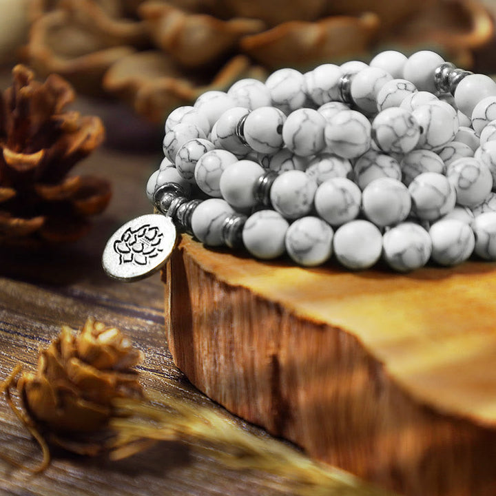 Pulsera curativa de mala de loto turquesa blanca con Buddha Stones