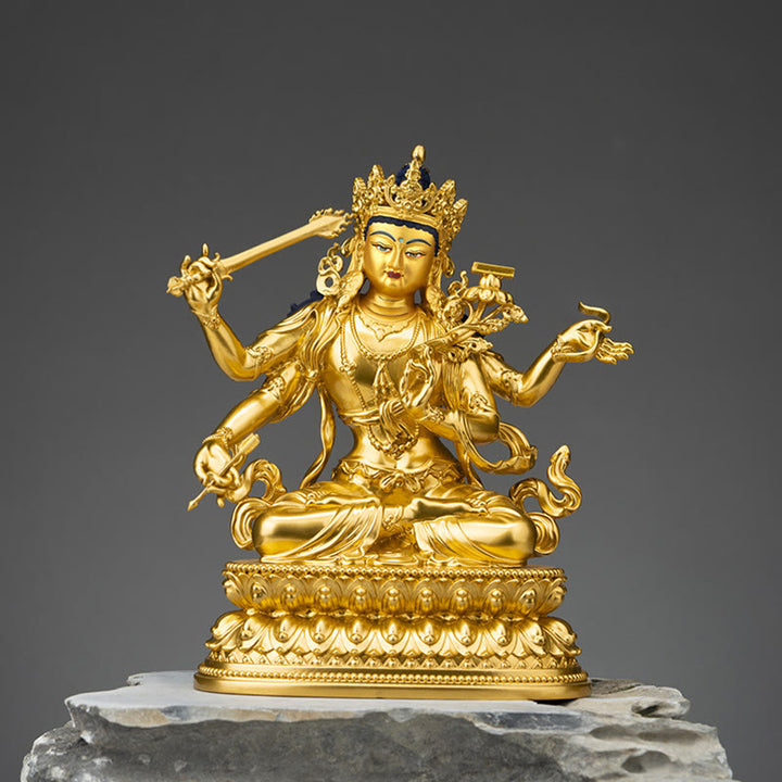 Estatuilla de oro Manjusri Bodhisattva de cuatro brazos, estatua de cobre de serenidad y compasión, decoración del hogar