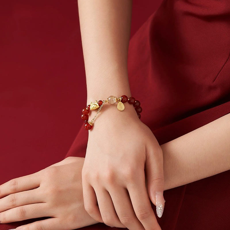 Buddha Stones Año del Dragón Dumpling Ágata Roja Natural Granate Hetian Jade Fu Personaje Suerte Éxito Pulsera