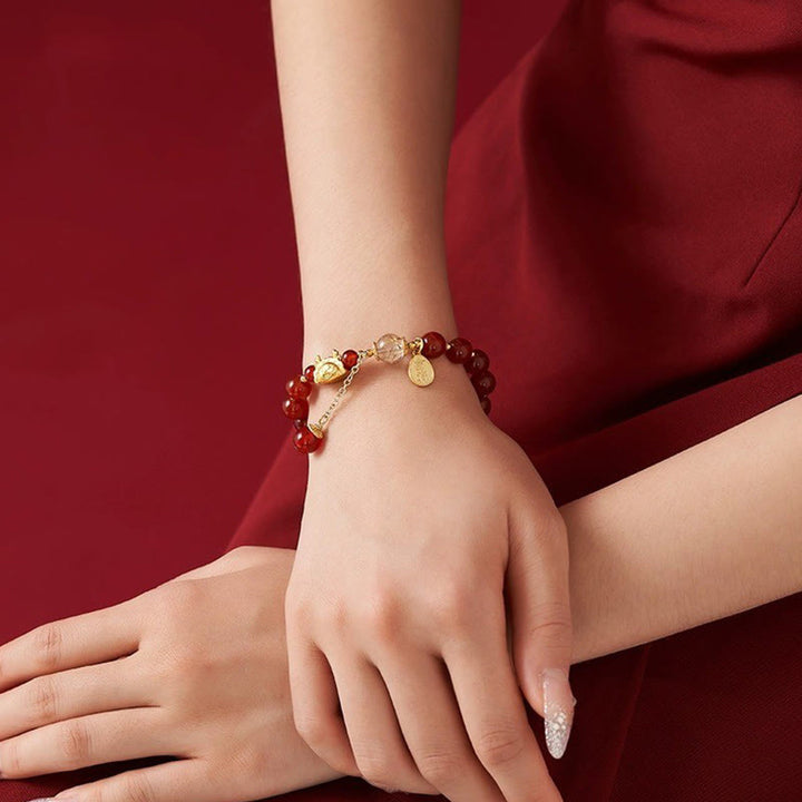 Buddha Stones Año del Dragón Dumpling Ágata Roja Natural Granate Hetian Jade Fu Personaje Suerte Éxito Pulsera