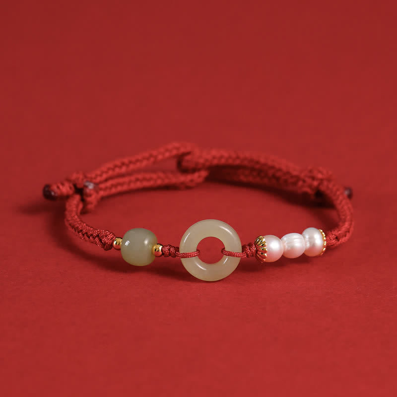 Pulsera de la suerte con hebilla de la paz y perlas de jade hetiano natural de Buddha Stones
