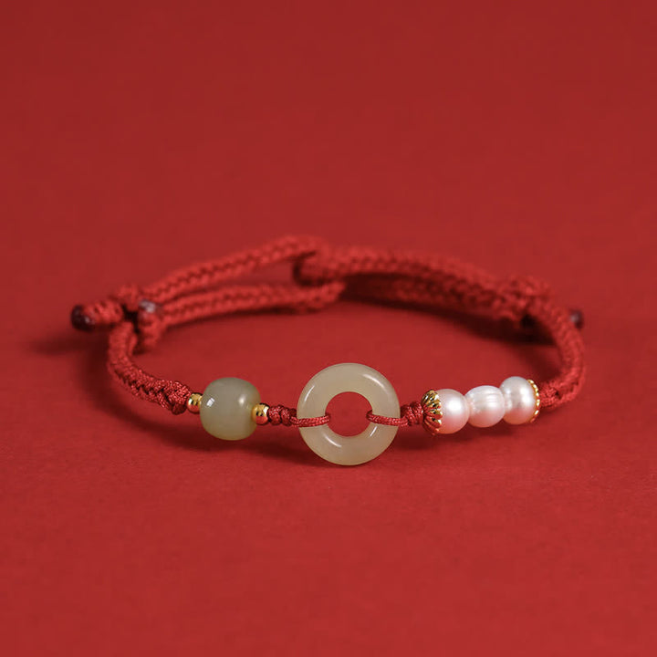Pulsera de la suerte con hebilla de la paz y perlas de jade hetiano natural de Buddha Stones