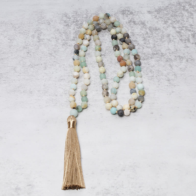 Pulsera Mala con borlas y cuentas de amazonita con 108 Buddha Stones