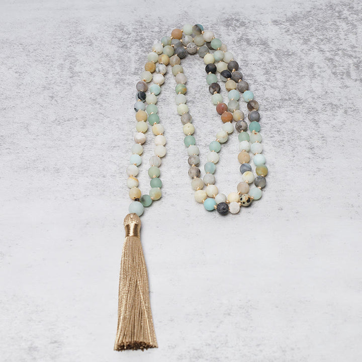 Pulsera Mala con borlas y cuentas de amazonita con 108 Buddha Stones