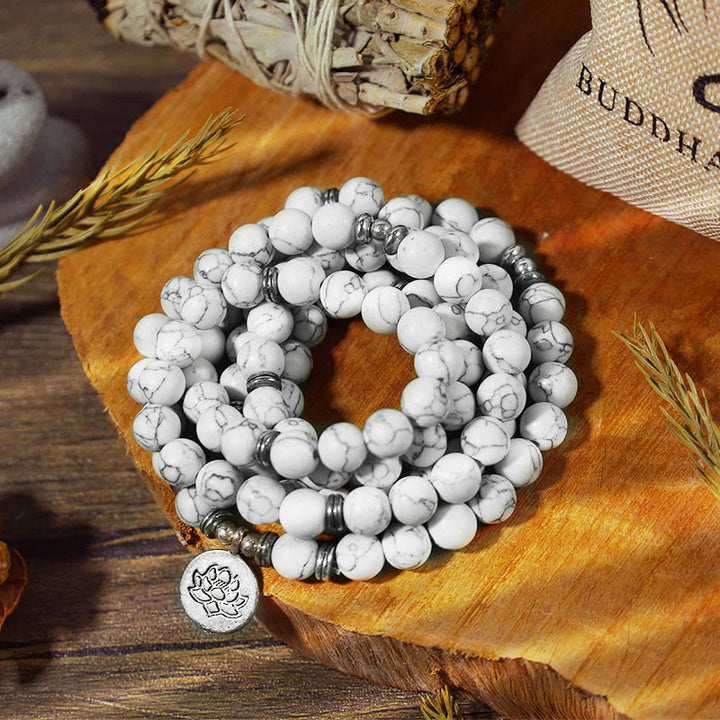 Pulsera curativa de mala de loto turquesa blanca con Buddha Stones
