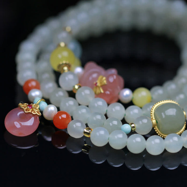 Pulsera de abundancia de felicidad con hebilla de paz de cristal rosa de Jade Natural Hetian