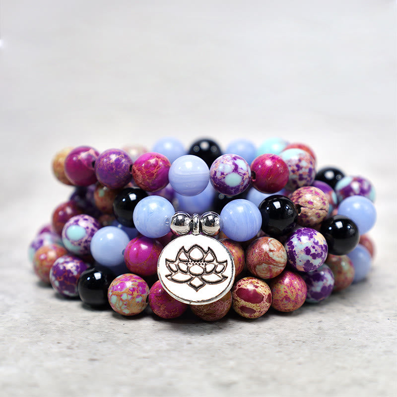Buddha Stones Natural Púrpura Miano Piedra Real Lotus Mala