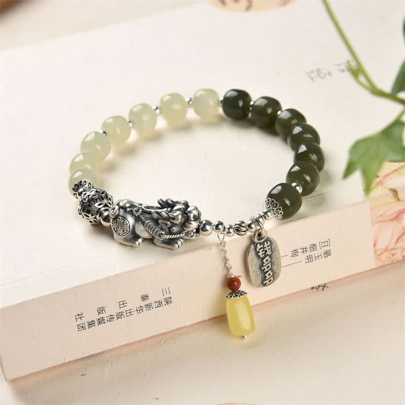 Pulsera de la suerte PiXiu de ámbar y jade hetiano natural de plata de ley 925