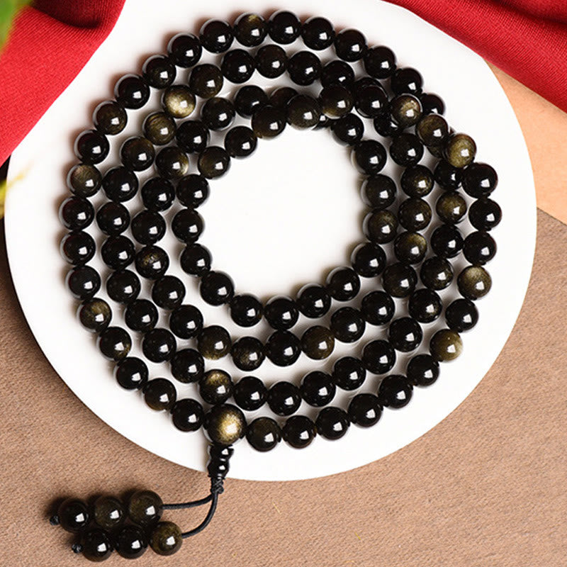 Pulsera de riqueza de obsidiana con brillo de oro natural, cuentas de Mala, 108 Buddha Stones