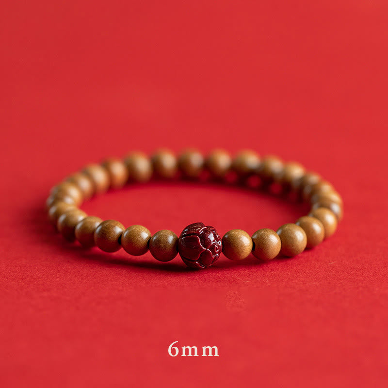 Pulsera de riqueza y suerte con Buddha Stones, madera de melocotón, loto, cinabrio