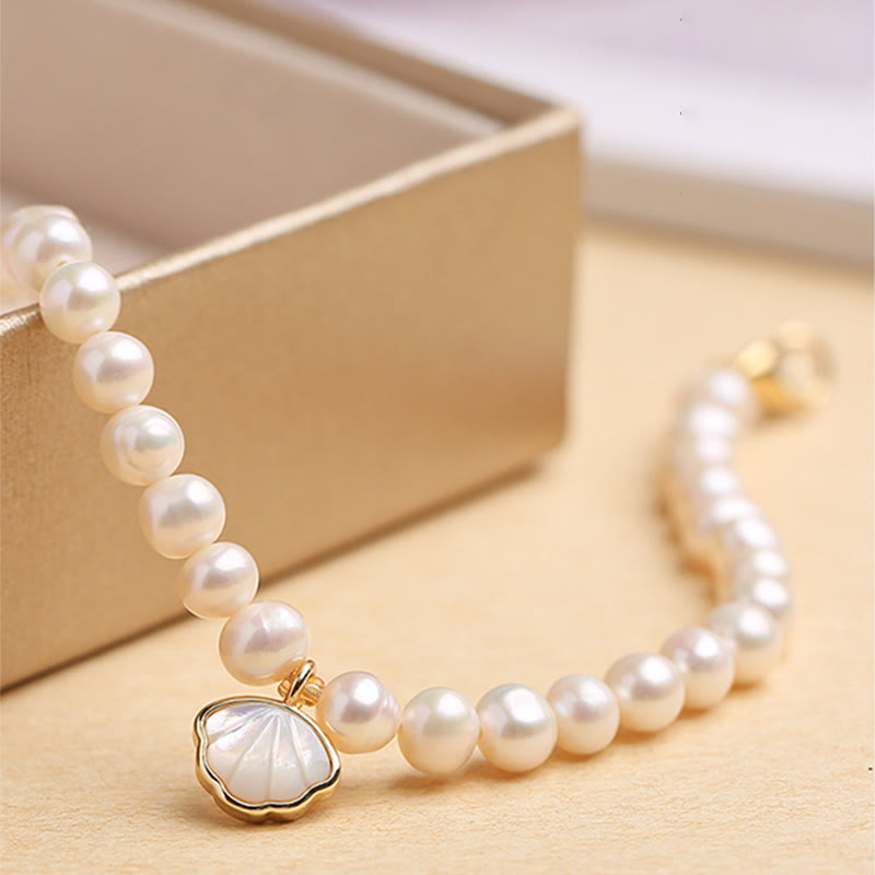 Pulsera de cuentas con dije de concha de cristal y perlas naturales chapadas en oro de 14 quilates con Buddha Stones