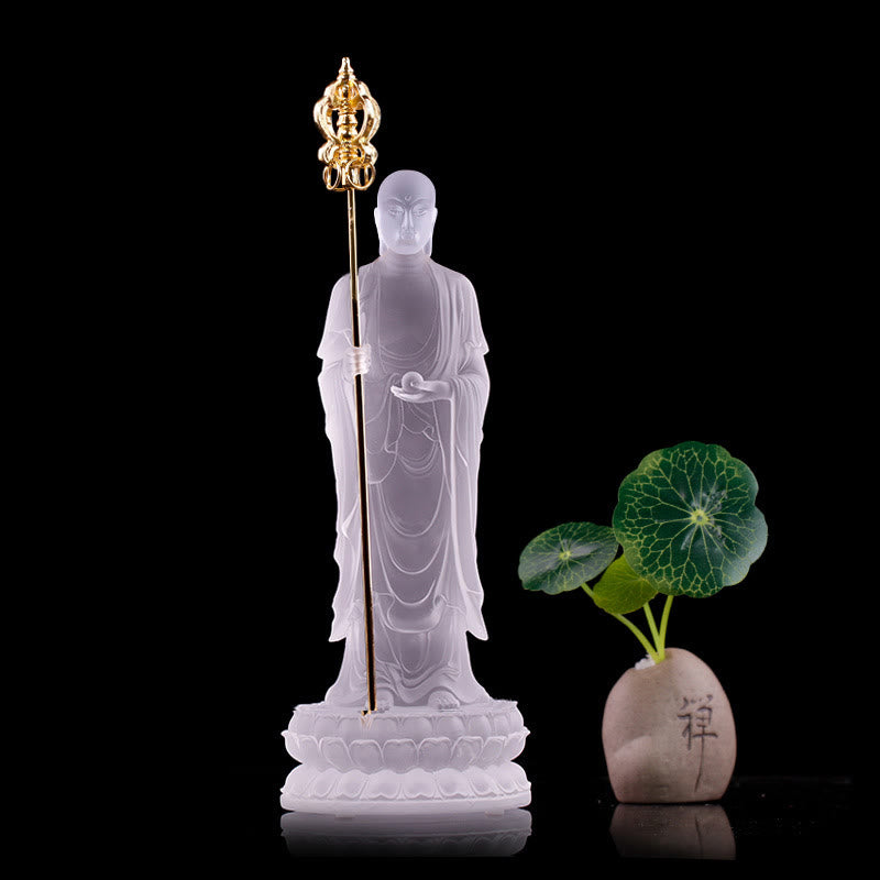 Buddha Stones hechas a mano, estatuilla de Bodhisattva Ksitigarbha, pieza de arte de cristal Liuli, estatua de serenidad, decoración del hogar