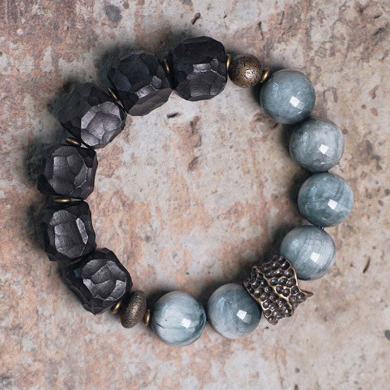 Pulsera de pareja de confianza con Buddha Stones, piedra ojo de águila, madera de ébano, cobre