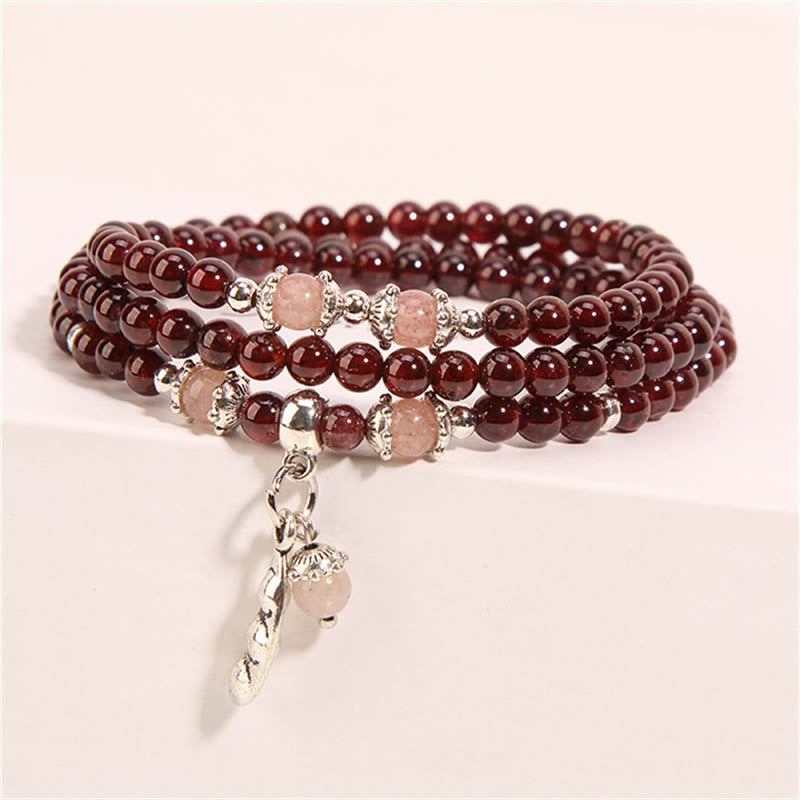 Pulsera de triple envoltura con Buddha Stones, granate natural, fresa, cuarzo, judías verdes, protección PiXiu