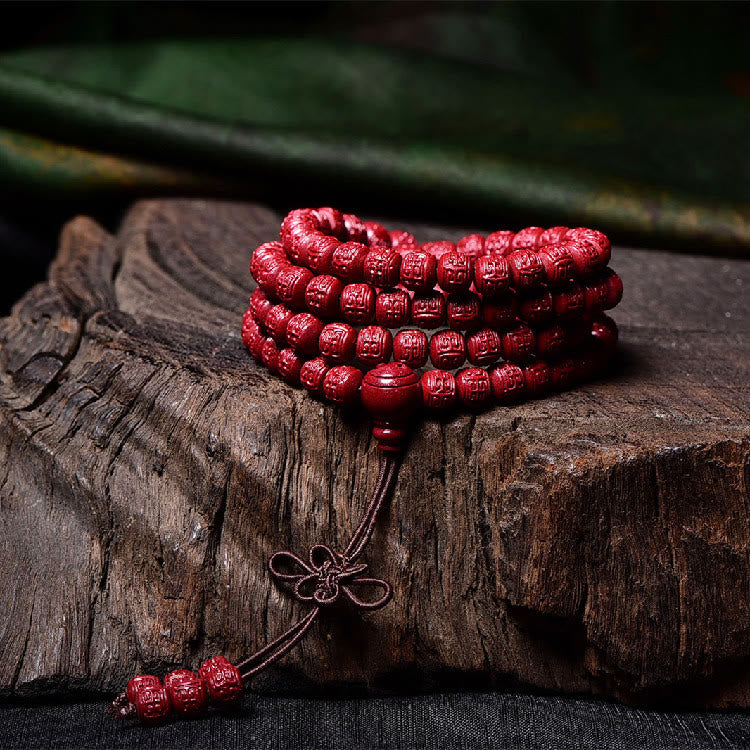 Buddha Stones 108 cuentas Mala cinabrio Om Mani Padme Hum patrón grabado pulsera de bendición