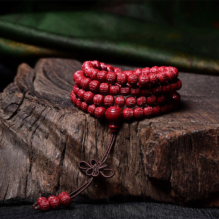 Buddha Stones 108 cuentas Mala cinabrio Om Mani Padme Hum patrón grabado pulsera de bendición