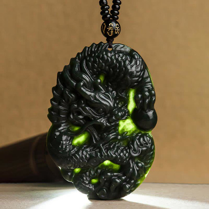 Buddha Stones Hetian Cian Jade Dragón Éxito Armonía Collar Colgante de cadena con cuentas - image 9