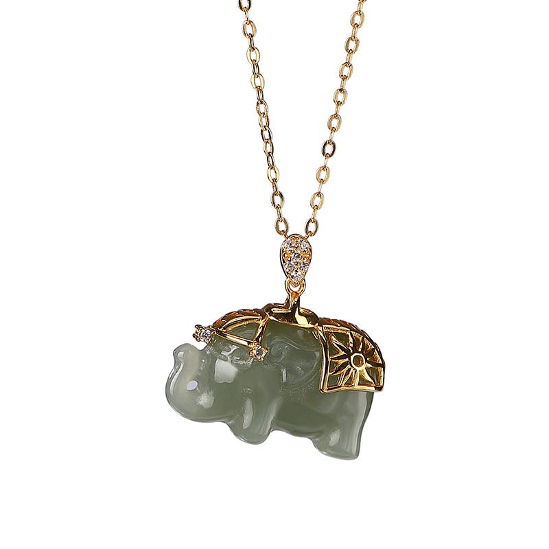 Buddha Stones Plata de Ley 925 Jade Elefante Bendición Fortuna Collar Colgante de Cadena