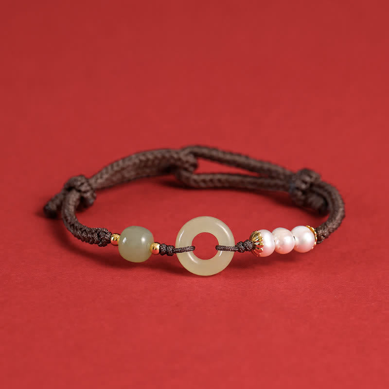 Pulsera de la suerte con hebilla de la paz y perlas de jade hetiano natural de Buddha Stones