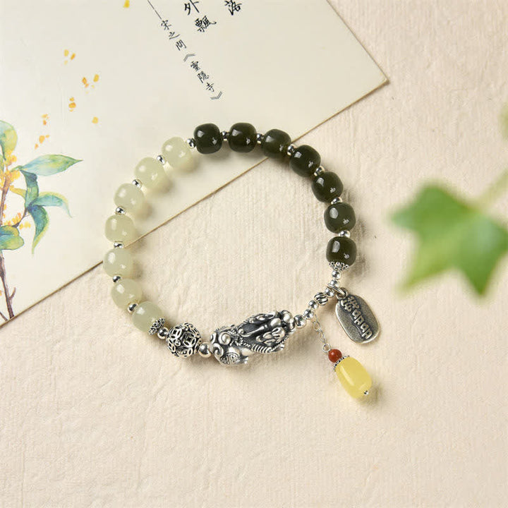 Pulsera de la suerte PiXiu de ámbar y jade hetiano natural de plata de ley 925