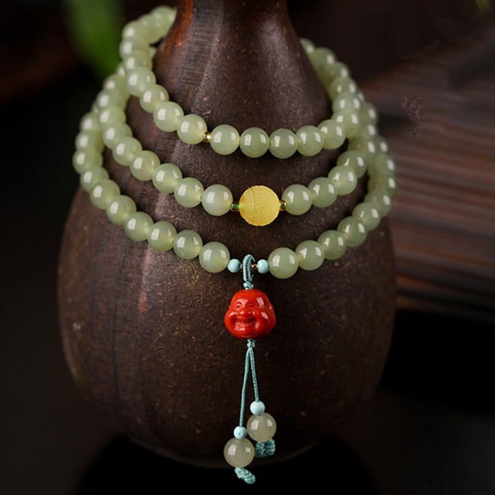Pulsera de prosperidad de Buda sonriente de ámbar y ágata roja de jade