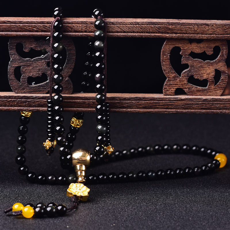 Pulsera Mala de cumplimiento de loto de obsidiana negra natural con 108 Buddha Stones