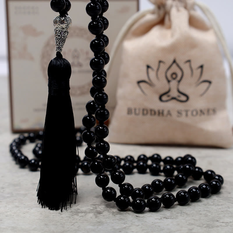 Buddha Stones 108 Mala cuentas de ónix negro Yoga meditación oración collar de cuentas