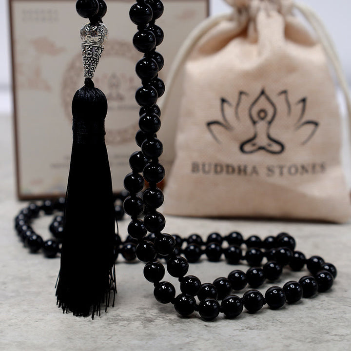 Buddha Stones 108 Mala cuentas de ónix negro Yoga meditación oración collar de cuentas