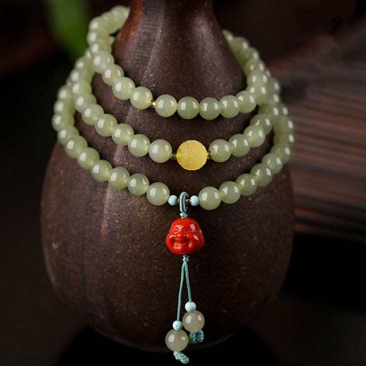 Pulsera de prosperidad de Buda sonriente de ámbar y ágata roja de jade